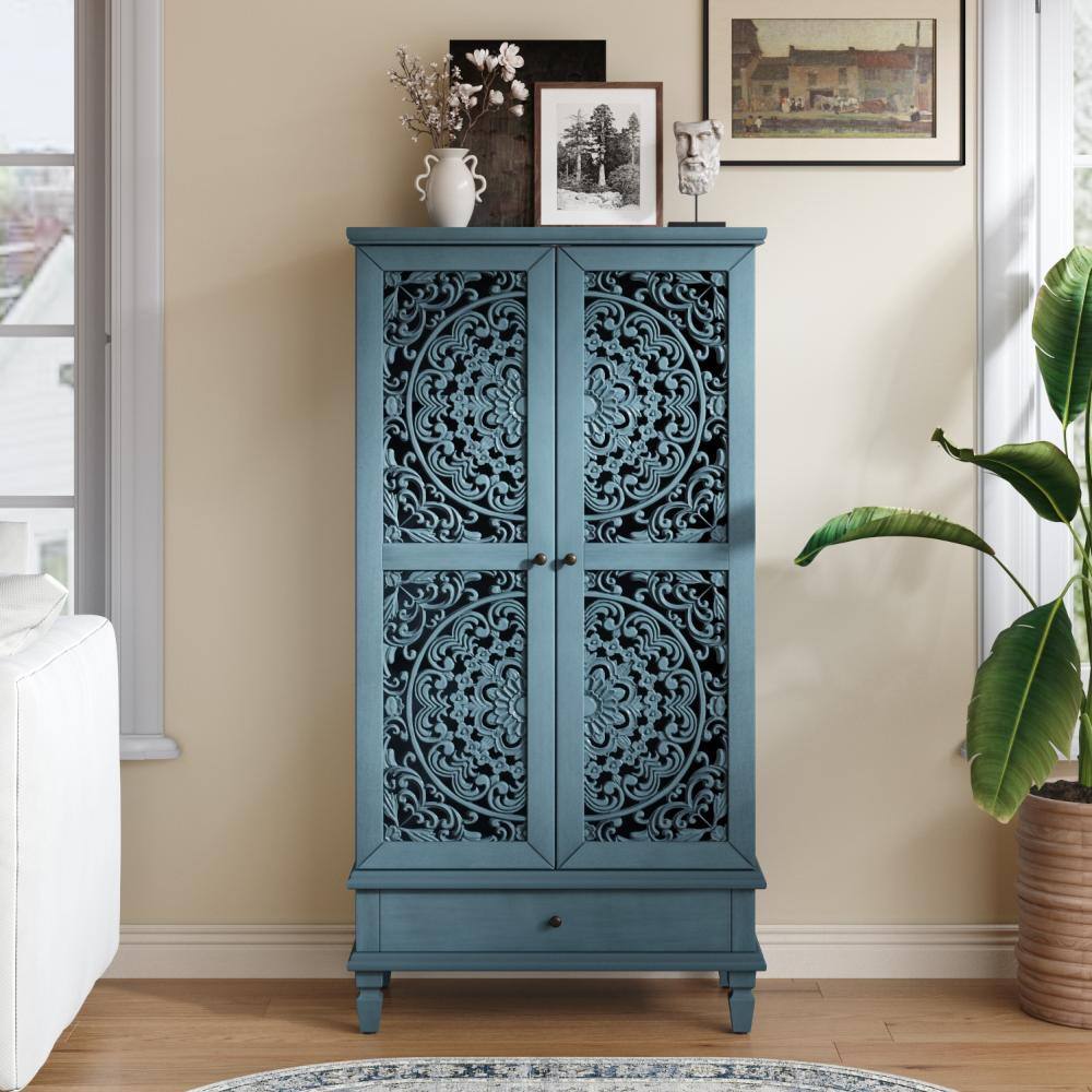55" Rustic Tall Storage Cabinet – 2 Carved Doors + Drawer, Solid Wood Legs, Antique Blue
