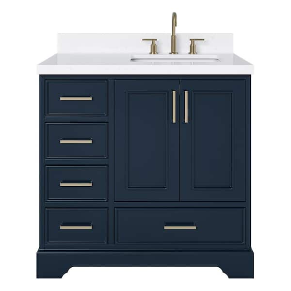 Stafford 36 in. W x 22 in. D x 36 in. H Single Freestanding Bath Vanity in Midnight Blue with Carrara White Quartz Top