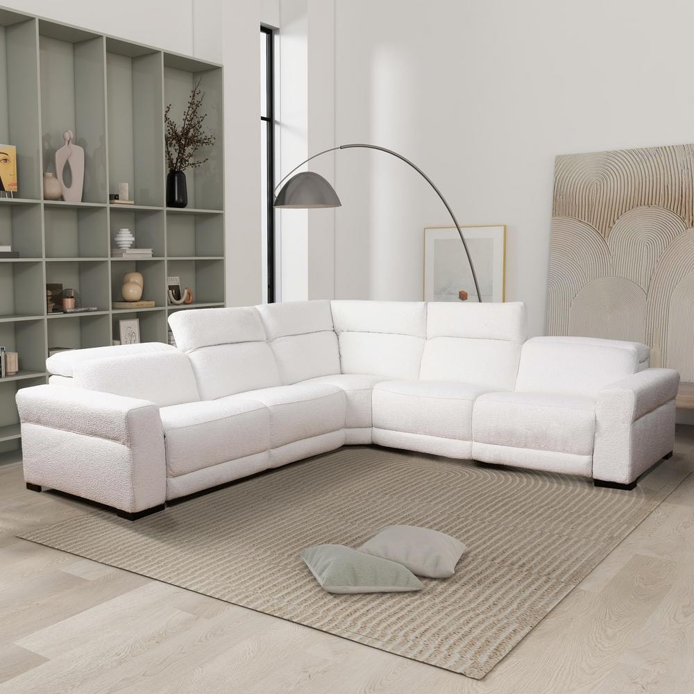 Celeste White Boucle Fabric Symmetrical Sectional Sofa with Ottoman