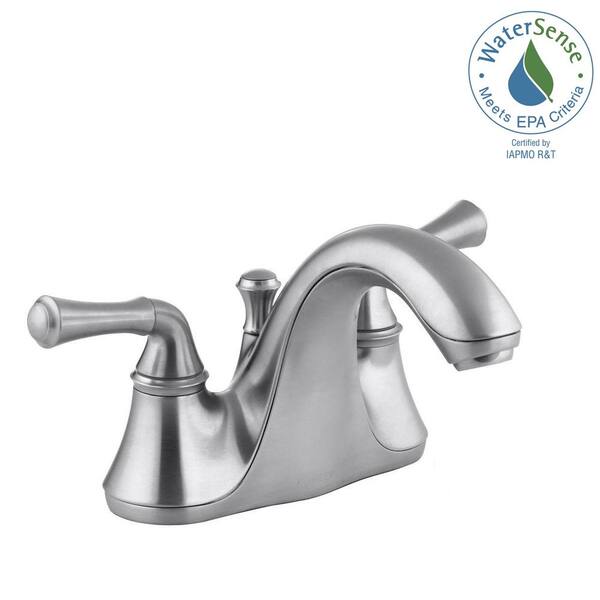 KOHLER Forte 4 in. Centerset 2-Handle Low-Arc Water-Saving Bathroom Faucet in Brushed Chrome with Traditional Lever Handles