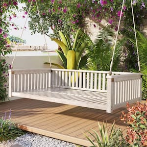 Twin Size Swing Bed 2-Person White Wood Porch Swing with Ropes and Safe Sloped Design