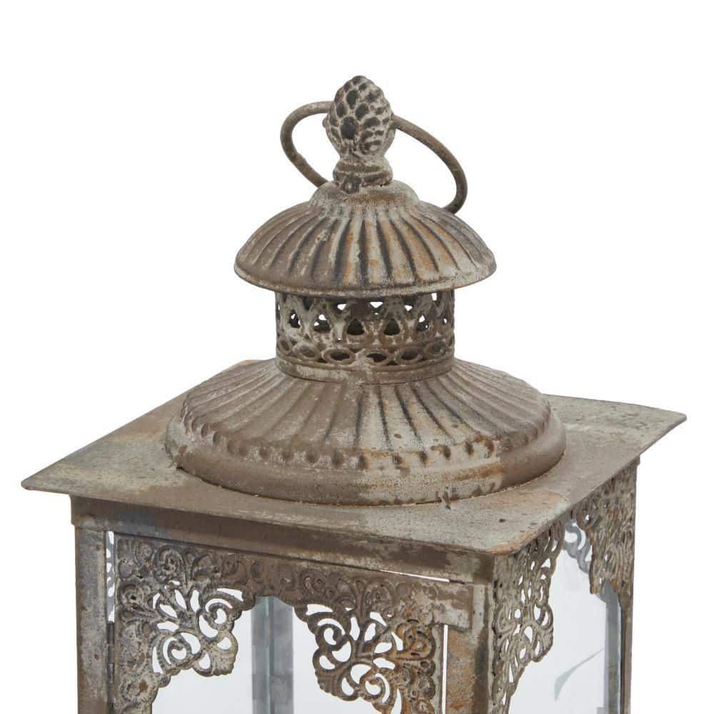 Elegant Tarnished Gray Iron and Glass Tabletop Lantern