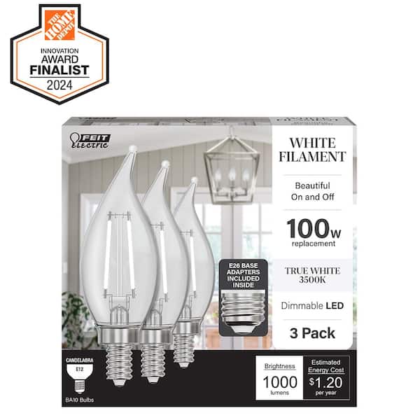 100W Equivalent BA10 E12/E26 Candelabra Dimmable White Filament Clear Chandelier LED Light Bulb, True White 3500K 3-Pack