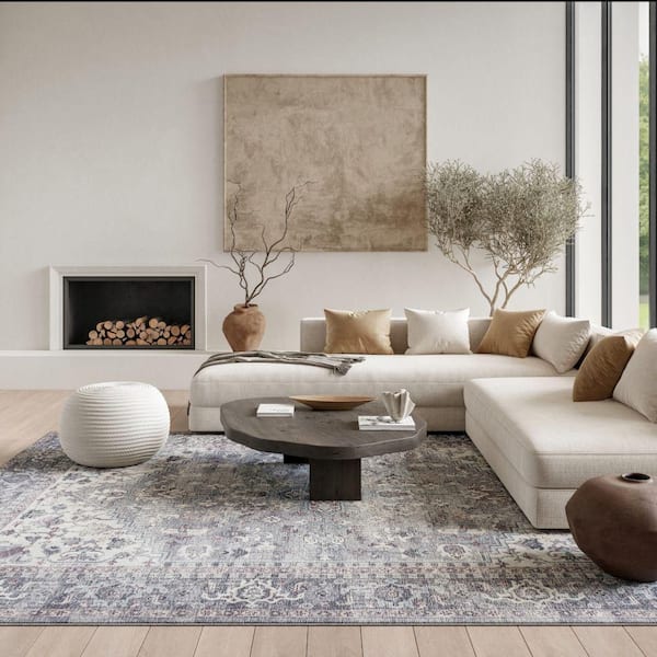 57 Grand Machine Washable Gray 8 ft. x 10 ft. Bordered Traditional Area Rug