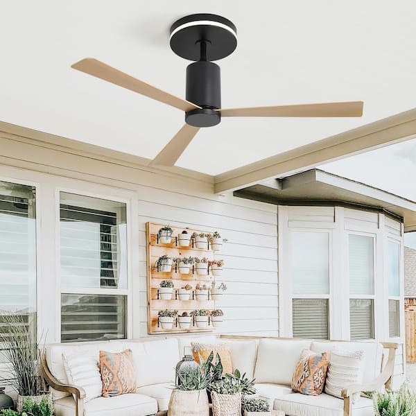 52 in. Indoor/Outdoor Black Housing Reversible Ceiling Fan with Integrated LED, Natural Blade and Remote Control