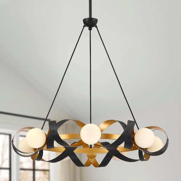 Modern 31.75 in. 7-Light Gold and Black Wagon Wheel Chandelier for Living Room with White Opal Glass Shades