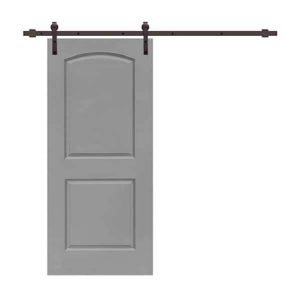 CALHOME 36 in. x 80 in. Light Gray Stained Composite MDF 2-Panel Round Top Interior Sliding Barn Door with Hardware Kit