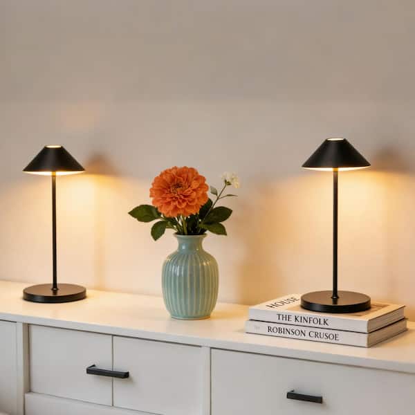 16 in. Modern Black Standard Table Lamps Cordless Integrated Led Dimmable Rechargeable for Indoor and Outdoor (2 Sets)