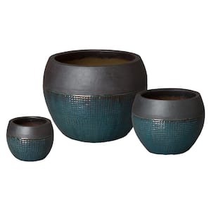 Matte Black/Teal Ceramic Round Net Pots (Set of 3)