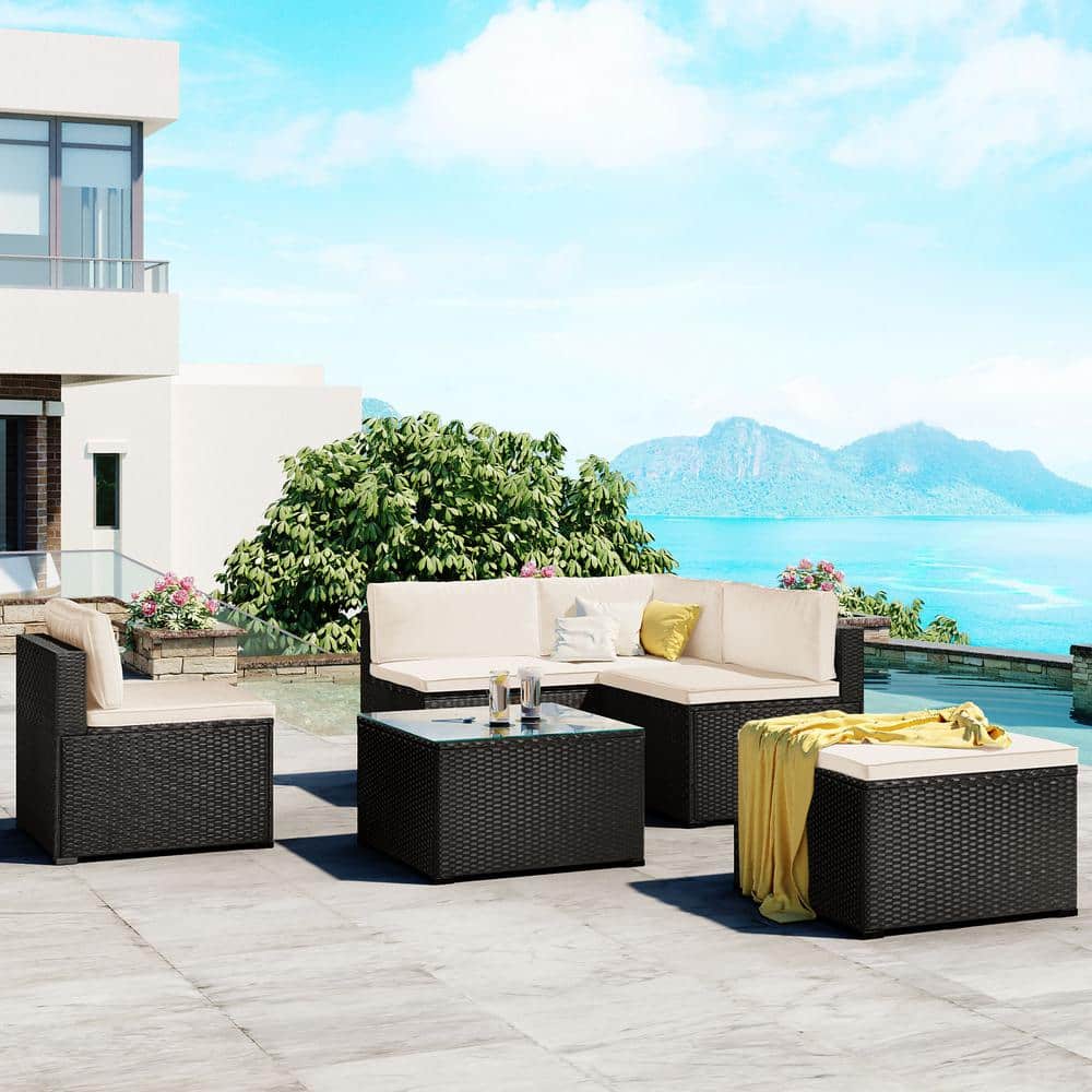 6-Piece Black Wicker Outdoor Sectional Sofa Set with Beige Cushions
