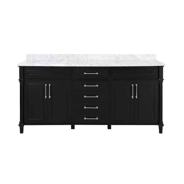 Aberdeen 72 in. Double Sink Black Bath Vanity with Carrara Marble Top (Assembled)