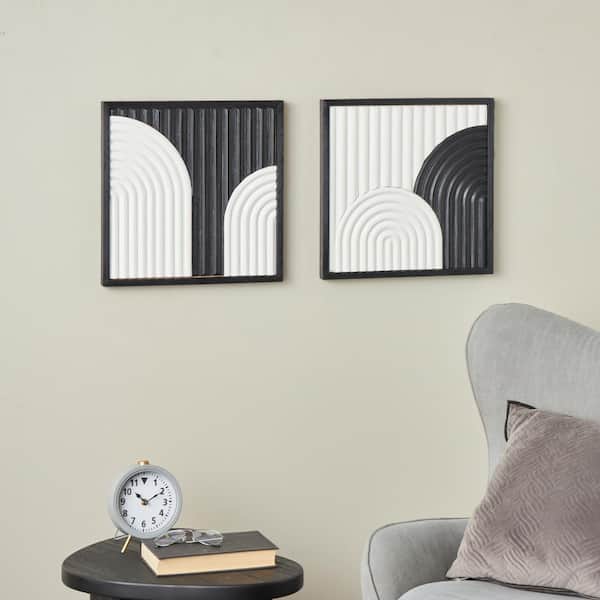 Wood White Handmade Overlapping Arches Geometric Wall Decor with Black Frame (Set of 2)