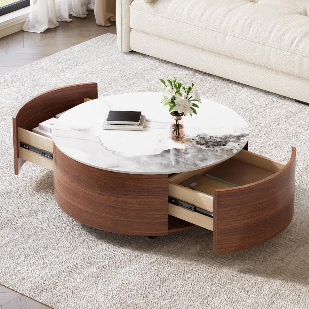 Walnut 29.5 in. W Round Movable Coffee Table with Casters, 2 Drawersa and Marble Pattern Sintered Stone Top price history on PriceWatchPro