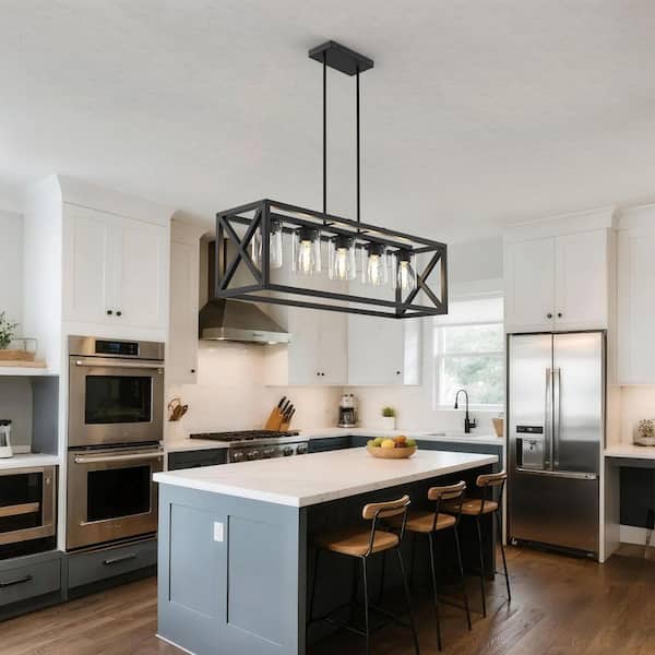 5-Light Matte Black Rectangle Chandelier, Metal Dining Room Pendant Light with Open Cage Frame for Kitchen Island