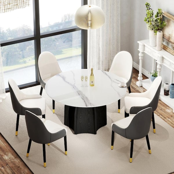 Magic Home 53.1 in. White Round Sintered Stone Tabletop Black Pedestal Base Kitchen Dining Table (Seats-6)