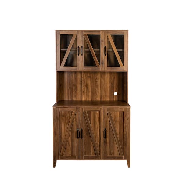 Unbranded Walnut Wood Pantry Organizer Kitchen Cabinet with Glass Doors, Drawers and Open Shelves