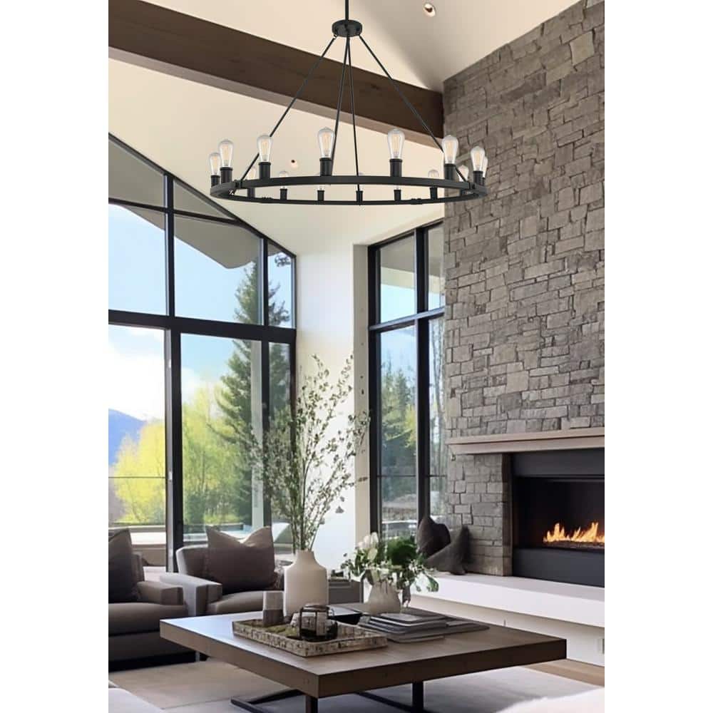 Jericho 50" Black Farmhouse Wagon Wheel Metal Chandelier