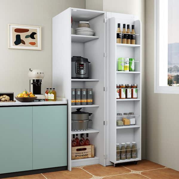 Akiva 62.99 in. H White Wood Pantry Storage Cabinet with 4 Shelves and Cupboards Sideboard