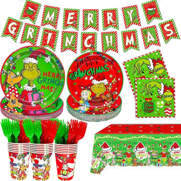 122Pcs Christmas Party Decorations Set with Green Monster Banner Plates Napkins Cups Tablecloth Forks (Service for 24)