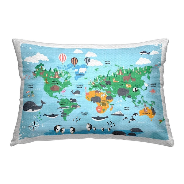 Stupell Industries Animal World Map Blue Rectangular Outdoor Throw Pillow