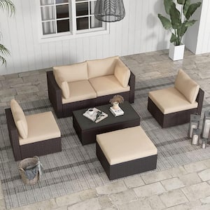 6-Piece Brown Wicker Outdoor Sectional Set with Khaki Cushions, Coffee Table, Corner Sofa for Garden, Patio, Backyard