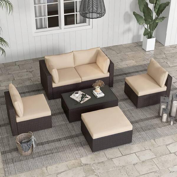 Zeus & Ruta 6-Piece Brown Wicker Outdoor Sectional Set with Khaki Cushions, Coffee Table, Corner Sofa for Garden, Patio, Backyard