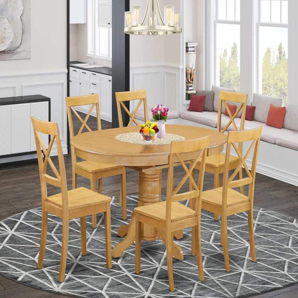 Oak Finish Round Dining Table Set with 6 Chairs