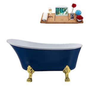 55 in. x 26.8 in. Acrylic Clawfoot Soaking Bathtub in Matte Dark Blue with Polished Gold Clawfeet and Matte Pink Drain