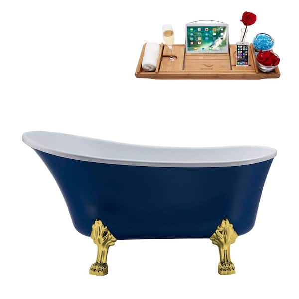 Streamline 55 in. x 26.8 in. Acrylic Clawfoot Soaking Bathtub in Matte Dark Blue with Polished Gold Clawfeet and Matte Pink Drain