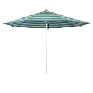 11 ft. Silver Aluminum Commercial Market Patio Umbrella with Fiberglass Rib and Pulley Lift in Seville Seaside Sunbrella