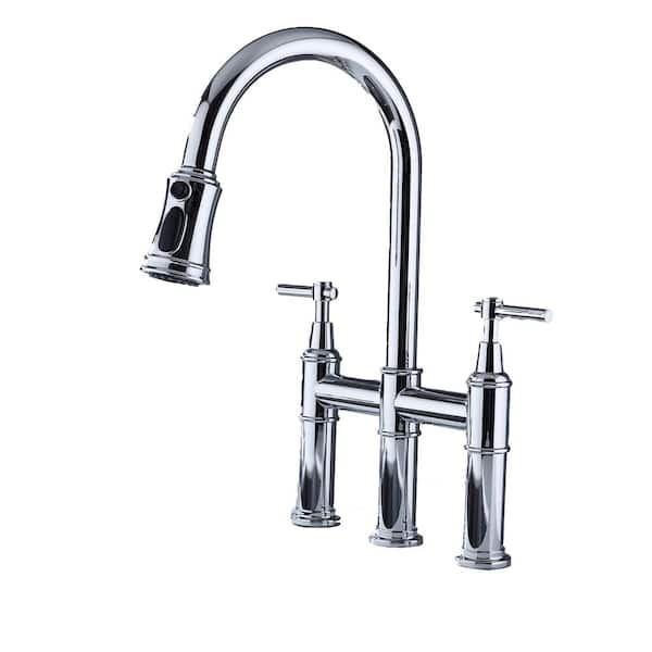 Lukvuzo Double Handle Bridge Kitchen Faucet in Chrome