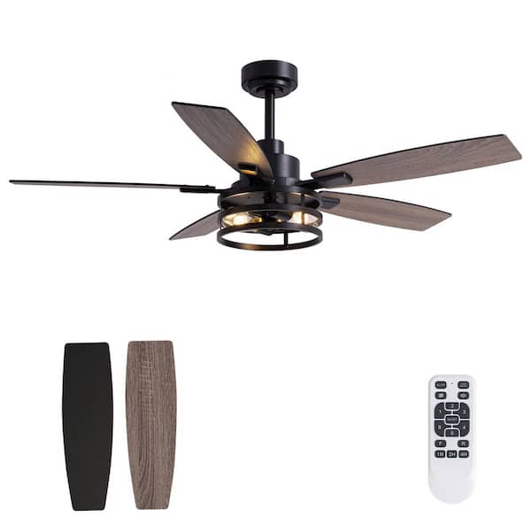 LuminFan 52 in. Indoor Matte Black Retro Layered Caged Ceiling Fan with Light Kit, Reversible Blades and Remote Included