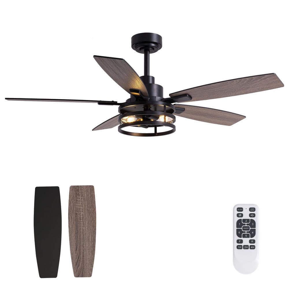 52 in. Indoor Matte Black Retro Layered Caged Ceiling Fan with Light Kit, R