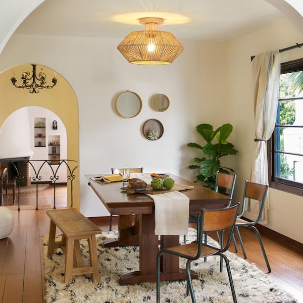 12.6 in. 1-Light Rustic Brown Wooden Semi-Flush Mount Light with Imitation Hemp Rope Shade and No Bulbs Included