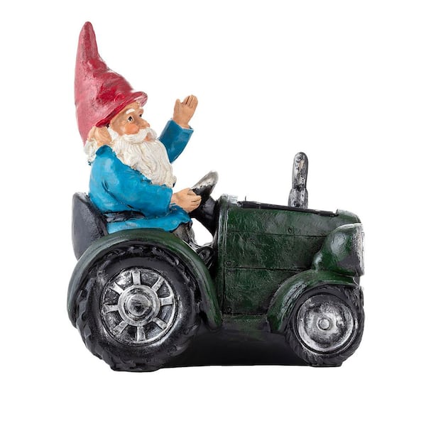 10 in. Tall Outdoor Garden Gnome Riding Green Tractor Yard Statue Decoration with LED Lights, Multicolor