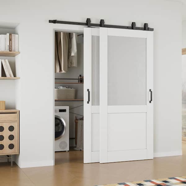 64 in. x 80 in. (Double 36 in. ) 1/2-Lite Frosted Glass White Primed MDF Sliding Barn Door with Hardware Kit Bypass