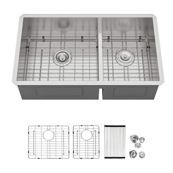 30 in. x 19 in. Low Divide Double Bowl (60/40) 16-Gauge Stainless Steel Undermount Kitchen Sink with Bottom Grid