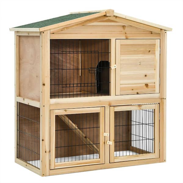 ANGELES HOME 35-1/2 in. W x 40 in. H Fir Wood Rabbit Hutch Bunny Cage Small Animal House