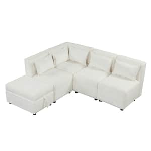 78 in. Free-Combined Chenille Sectional Sofa in Cream with Storage Ottoman and 5 Pillows