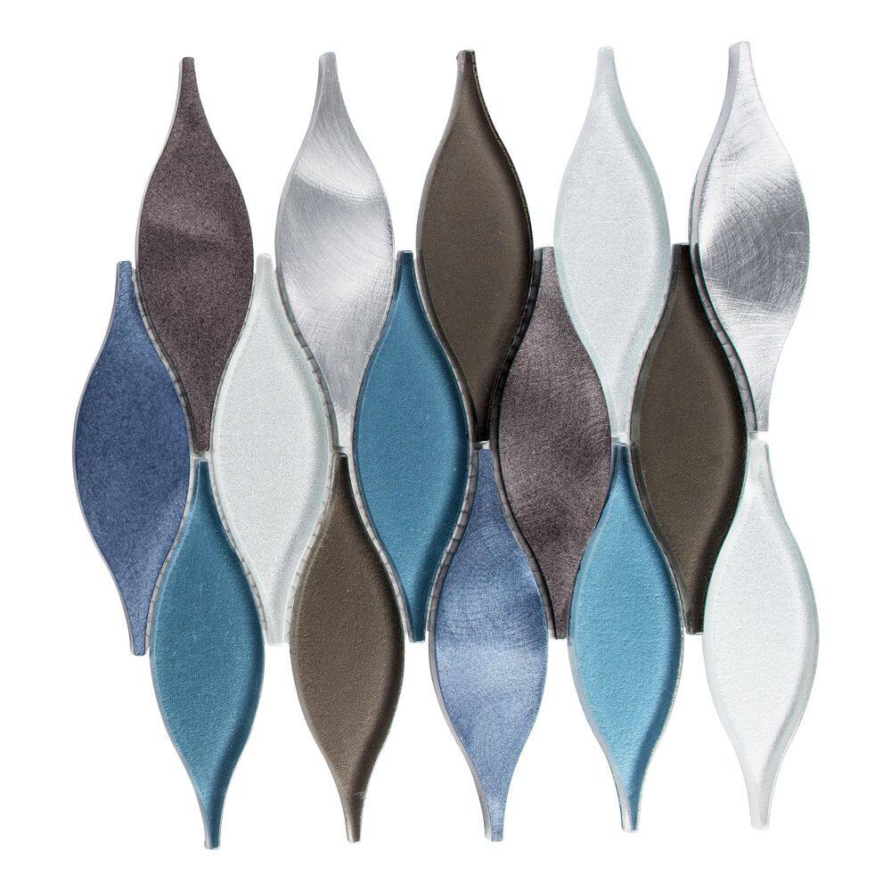 Zeille 9" x 11" Blue and Silver Glass Metal Arabesque Mosaic Tile
