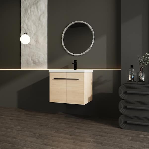 23.6 in. W Floating Bath Vanity in Oak with White Resin Top, 2 Doors Bathroom Cabinet Set