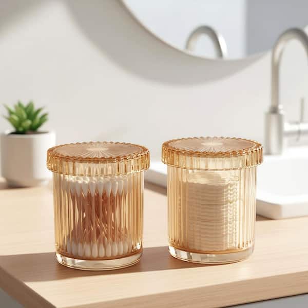 2-Piece Amber Glass Apothecary Jar Set with Lids for Bathroom and Vanity Storage