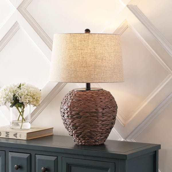 JONATHAN Y Alaro 24.5 in. Dark Brown Farmhouse Coastal Water Hyacinth Basket LED Table Lamp