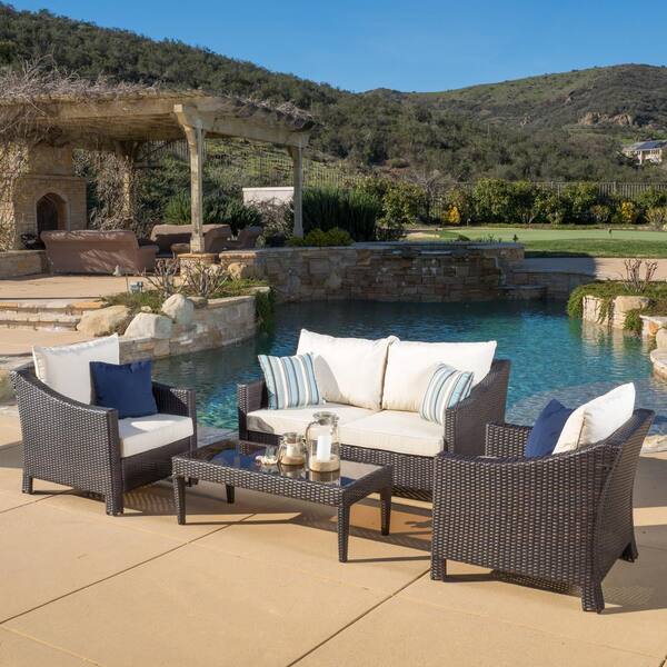 Antibes Multi-Brown 4-Piece Faux Rattan Outdoor Patio Conversation Set with Beige Cushions