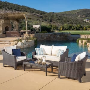 Antibes Multi-Brown 4-Piece Faux Rattan Outdoor Patio Conversation Set with Beige Cushions