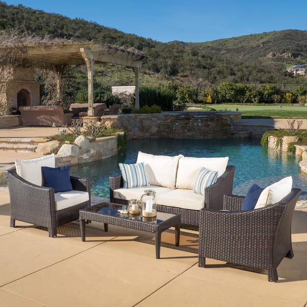 Noble House Antibes Multi-Brown 4-Piece Faux Rattan Outdoor Patio Conversation Set with Beige Cushions