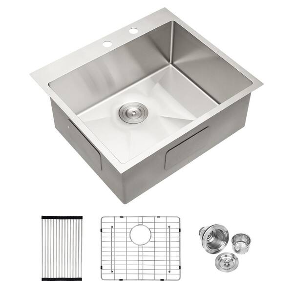 HBEZON Brushed Nickel 16-Gauge Stainless Steel 25 in. Single Bowl Drop-in Workstation Kitchen Sink with Bottom Grid