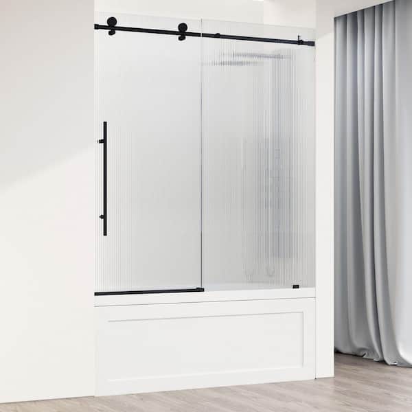 VIGO Elan E-Class 56 to 60 in. W x 66 in. H Sliding Frameless Tub Door in Matte Black with 3/8 in. (10mm) Fluted Glass