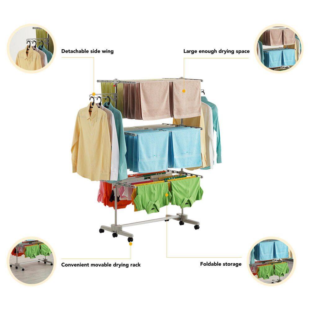 Stainless Steel 3-Tier Foldable Clothes Drying Rack with Adjustable Trays