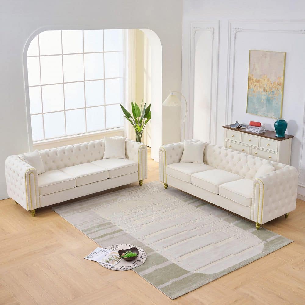 Dermot 2-Piece 86 in. Rolled Arm Velvet Rectangle 5-Seater Tufted Sofa Set in Beige with Gold Legs and Pillows